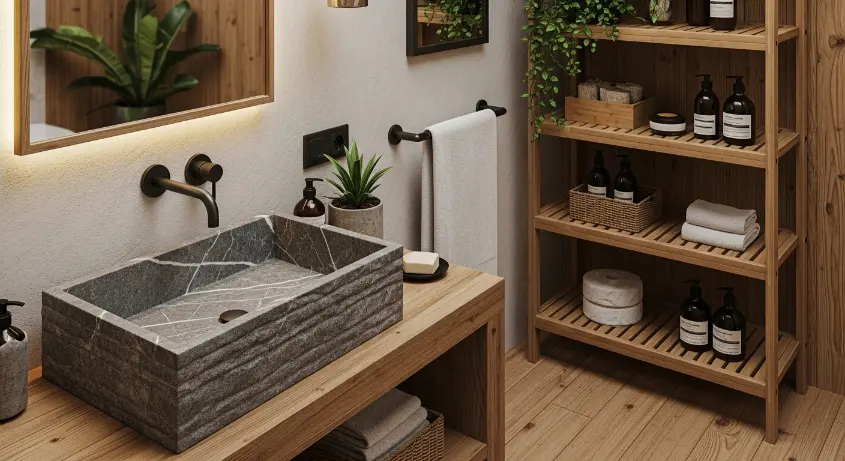 biophilic bathroom with a stone sink