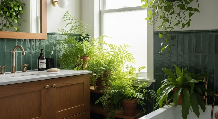 A biophilic bathroom with a wooden vanity