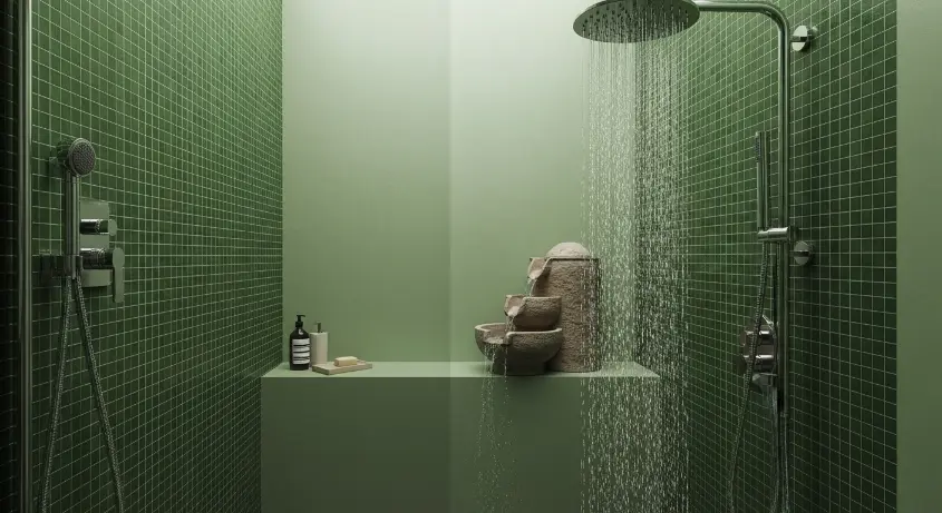 biophilic bathroom with a rainfall showerhead