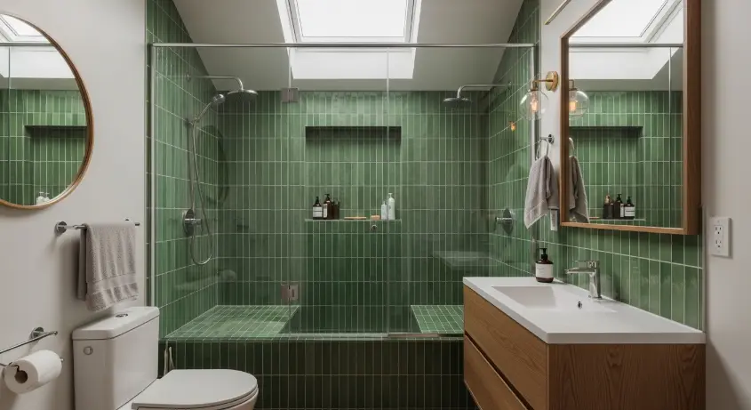 A biophilic bathroom with a green tiled shower