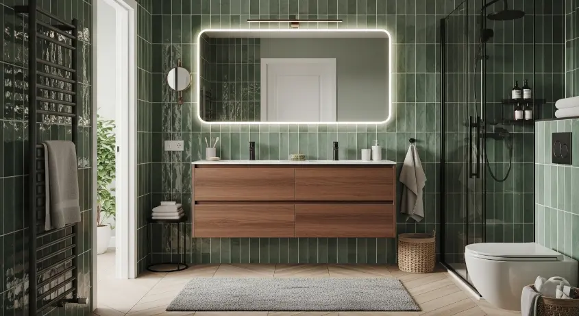 biophilic bathroom with green tiled walls