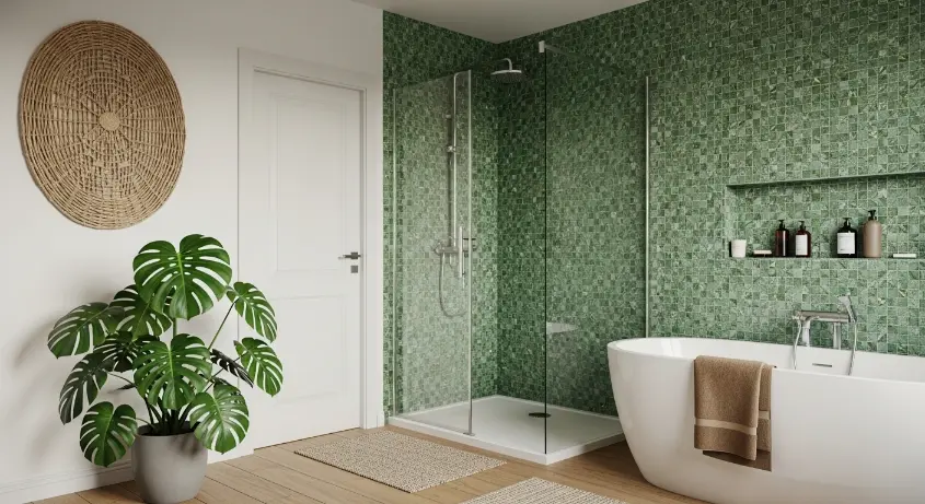 biophilic bathroom with a green tiled shower