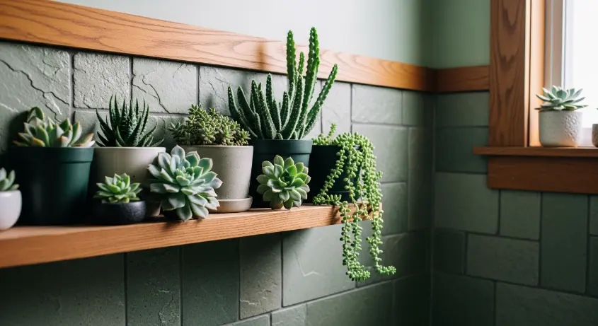 biophilic bathroom with a green tiled shower