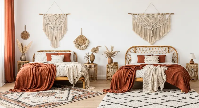 A boho bedroom overview with a mix of elements