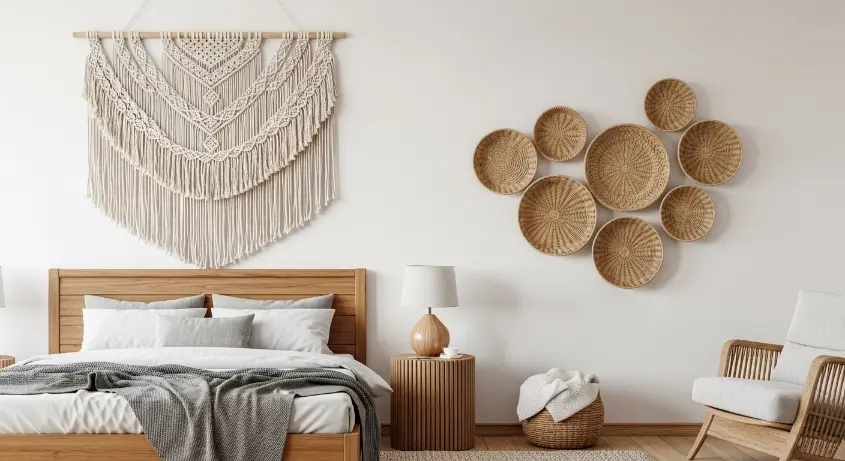 A boho bedroom with a woven basket wall art display