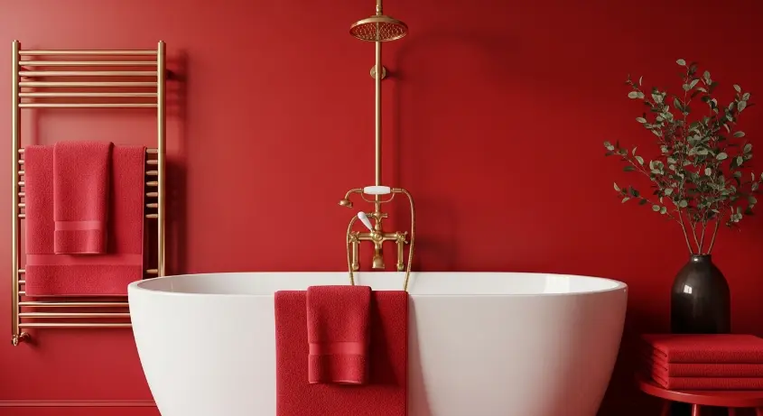 cherry red bathroom with white bathtub