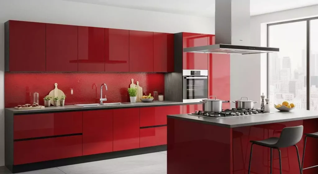 Matte finishes keep cherry red modern kitchen