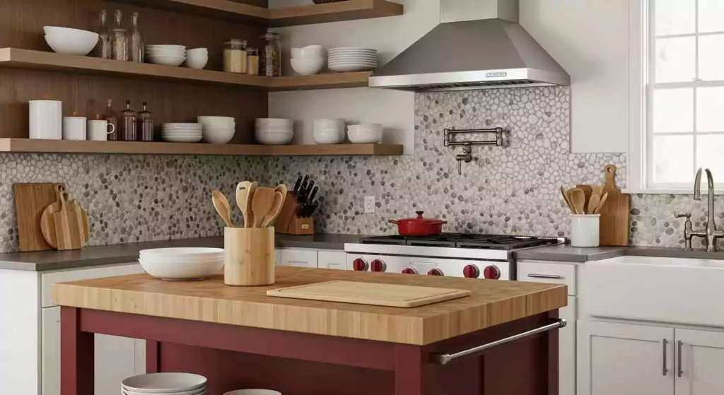 Kitchen having wood open shelves and stonebacksplash, like subway tiles or pebbles, adds texture and elegance.