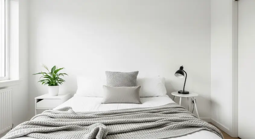  A tidy minimalist bedroom with a neatly made bed