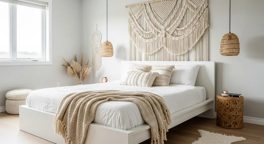 A minimalist-boho bedroom