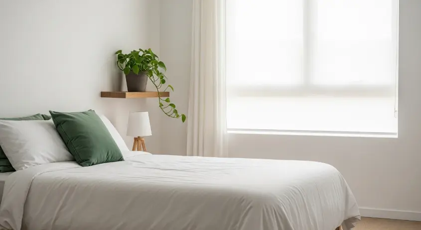 A minimalist bedroom with a clean white bed