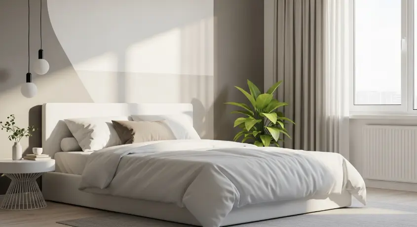  A tidy minimalist bedroom with a neatly made bed
