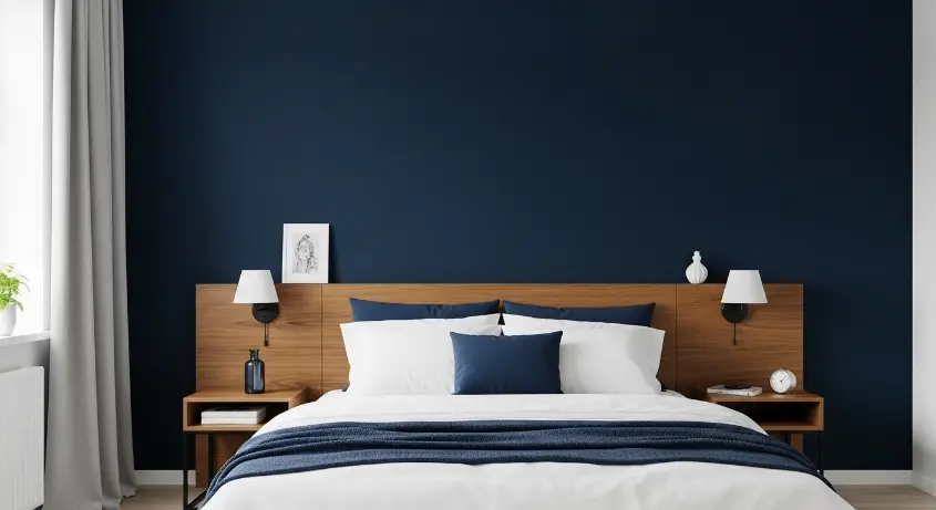 A modern bedroom with a deep navy accent wall behind the bed