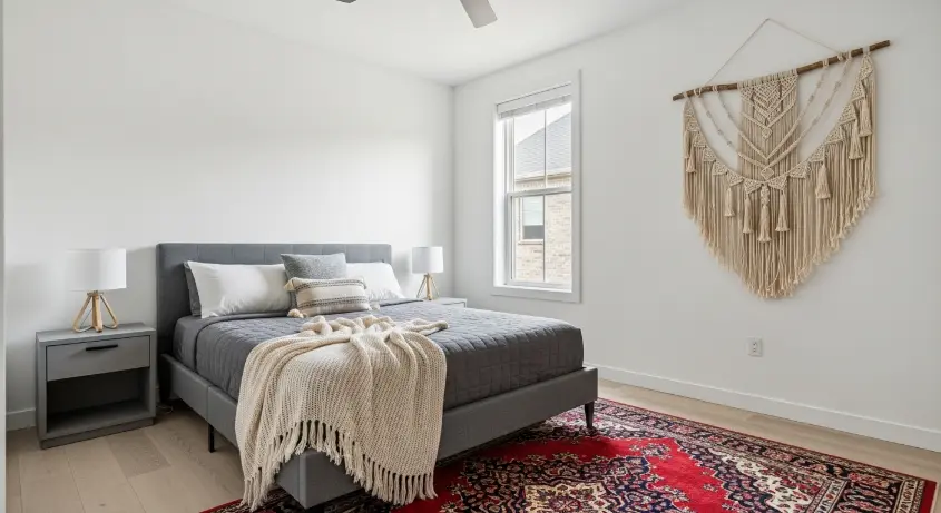 A modern bedroom with a vintage Persian rug