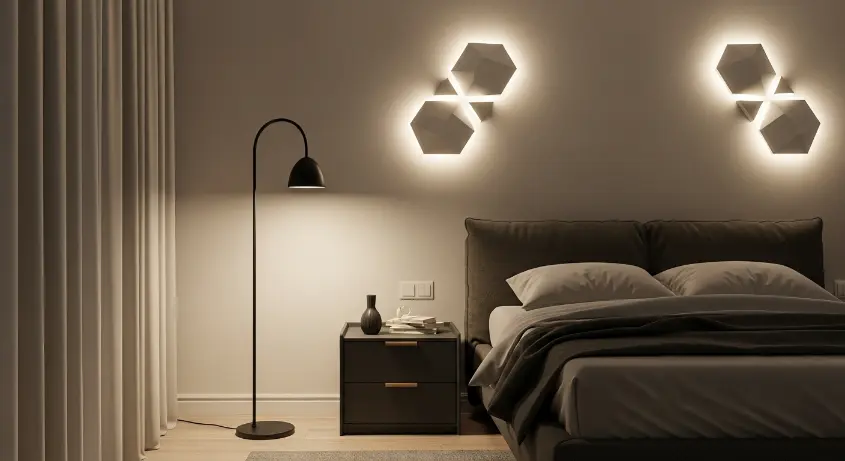 A modern bedroom with Geometric LED sconces on the wall
