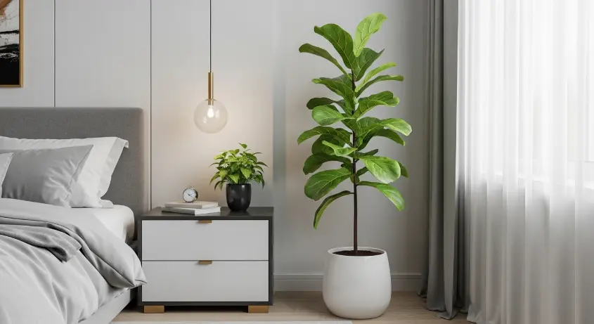 A modern bedroom corner with a tall fiddle-leaf fig in a white ceramic pot
