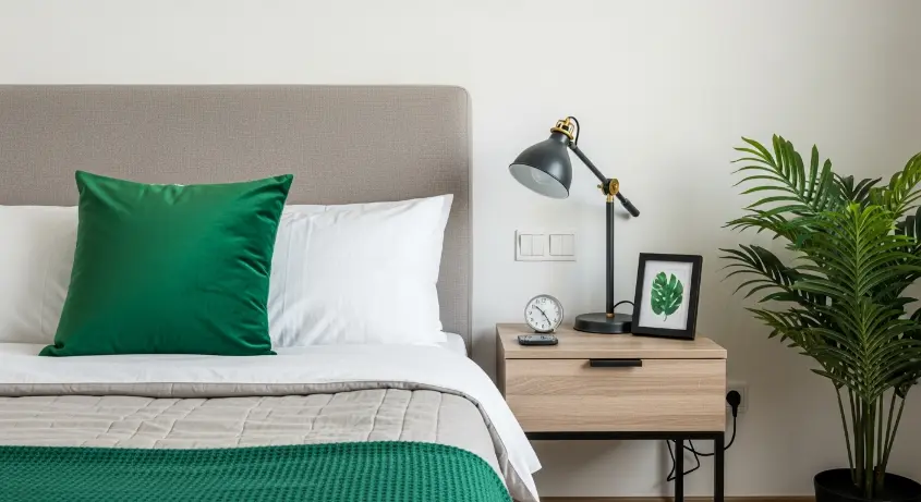 A modern bedroom with balanced decor