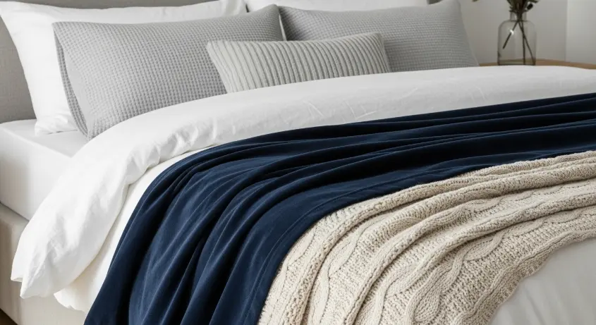 A modern bed with layered bedding