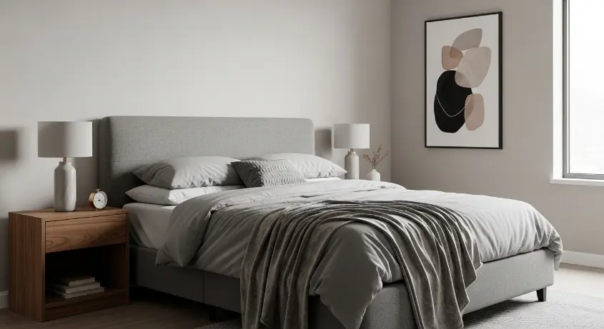 A modern bedroom with velvet throw, and wooden nightstand