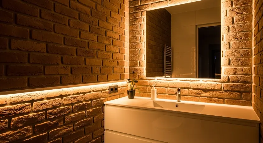 bathroom with textured brick walls