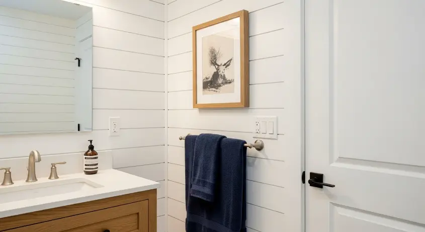 bathroom with white shiplap walls