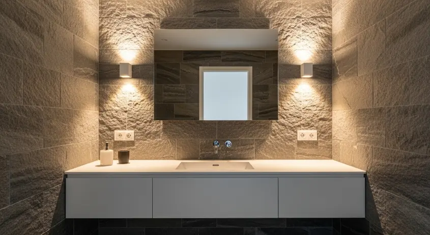 bathroom with a textured stone wall