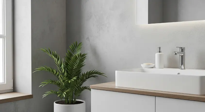 bathroom corner with a textured plaster wall