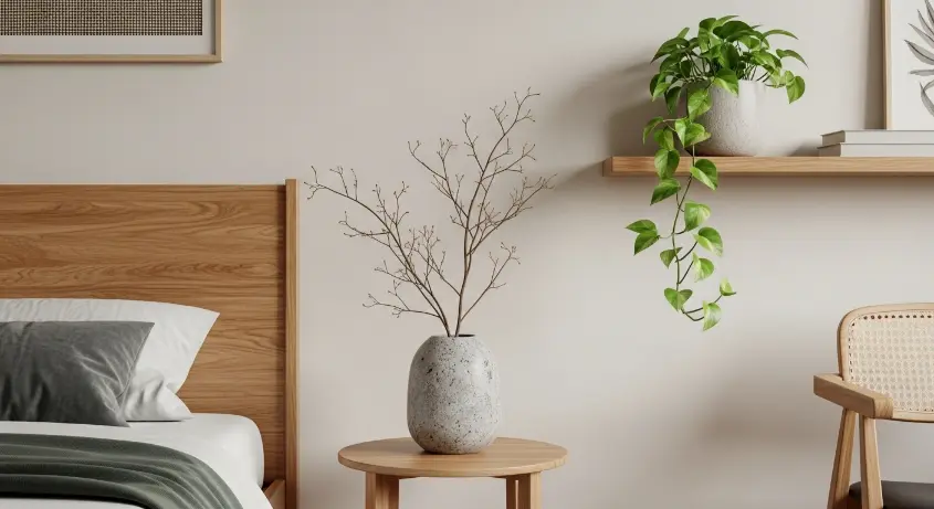 A minimalist bedroom with a wooden bed frame