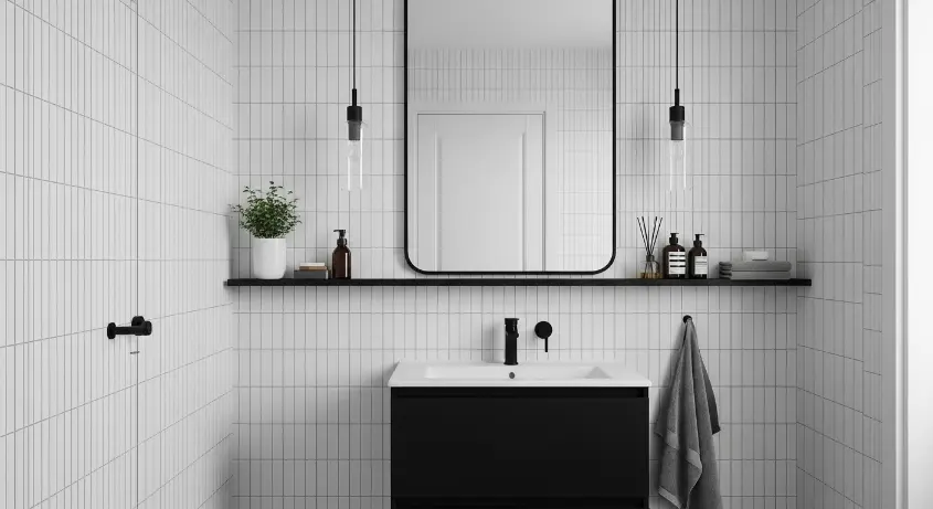 A minimalist bathroom with white subway tiles in a straight pattern