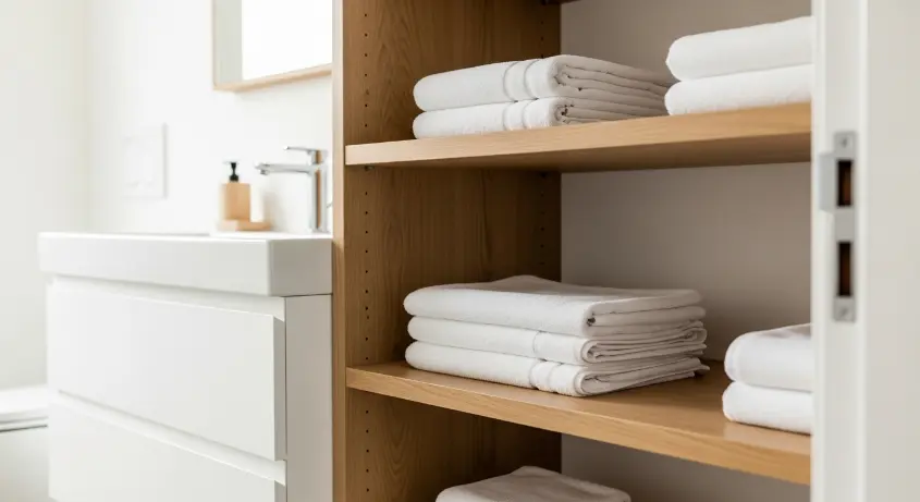 A minimalist bathroom with open wooden shelves