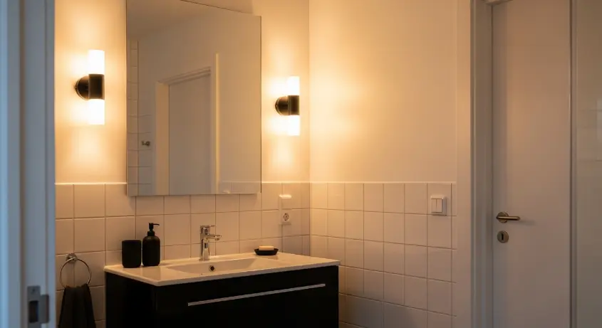 A minimalist bathroom with white tiles, a black vanity, and warm sconce lighting. 