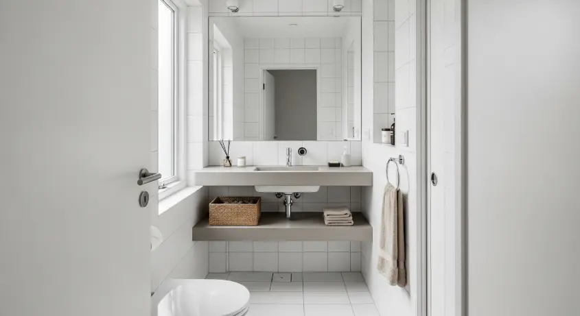 A small minimalist bathroom with white tiles