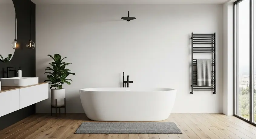 A large minimalist bathroom with a white freestanding tub