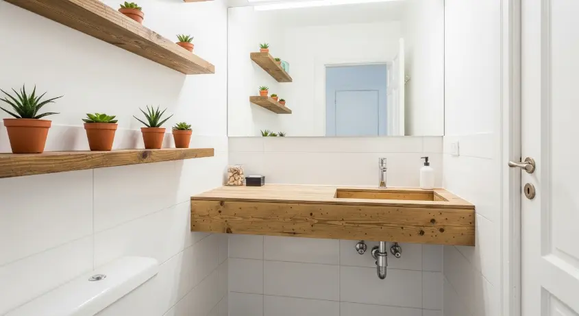 A minimalist bathroom with thrifted wooden shelves, affordable white tiles, and a DIY floating vanity. Budget-friendly yet sleek.