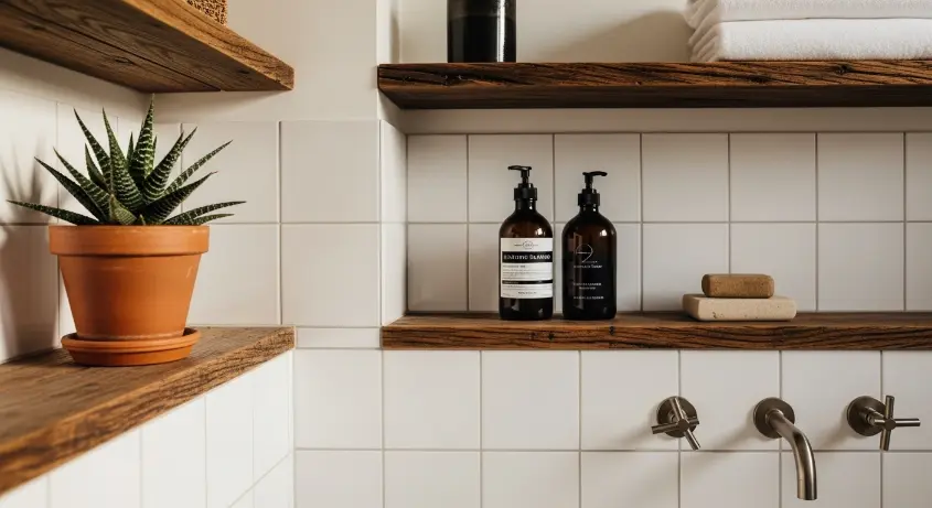 A minimalist bathroom with reclaimed wood shelves