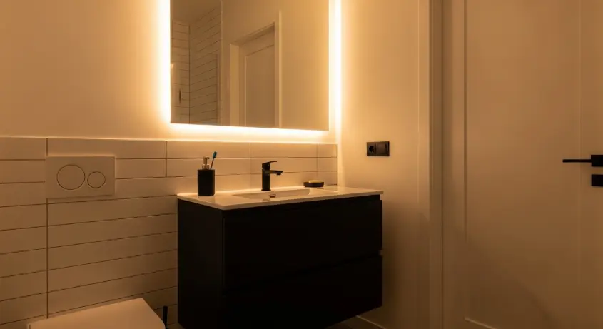 A minimalist bathroom with white tiles, a black vanity, and warm LED strip lighting.