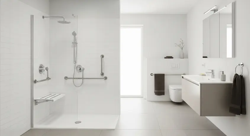 A minimalist bathroom with smooth white tiles, a floating vanity