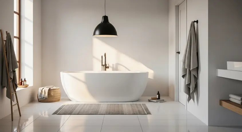 minimalist bathroom with a freestanding white bathtub