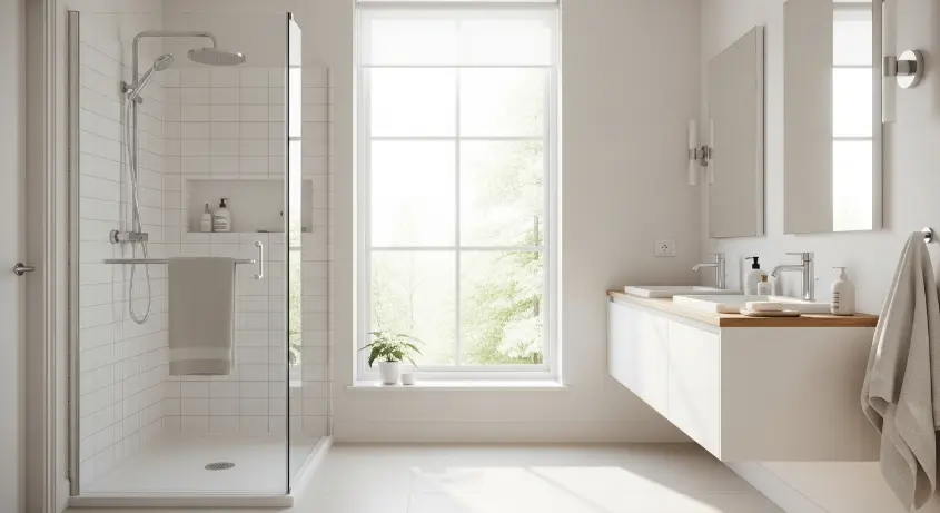 minimalist bathroom with a white tiled shower