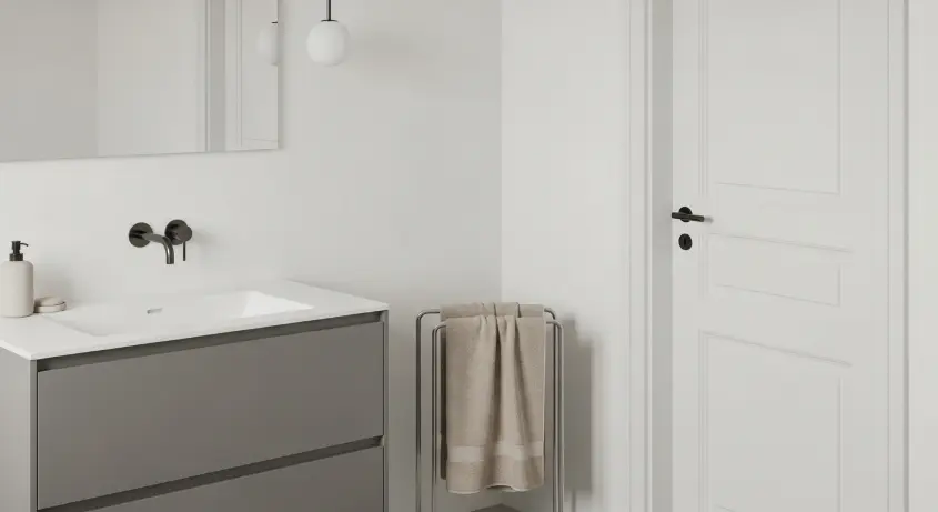 A minimalist bathroom with white walls