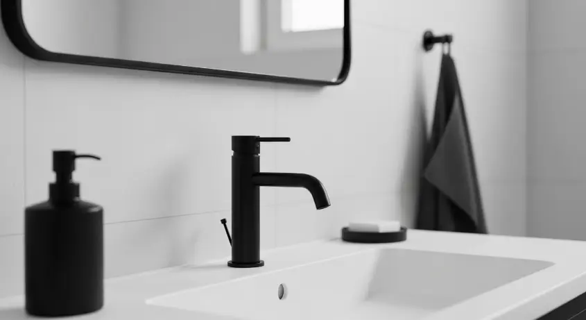 A minimalist bathroom with a matte black faucet