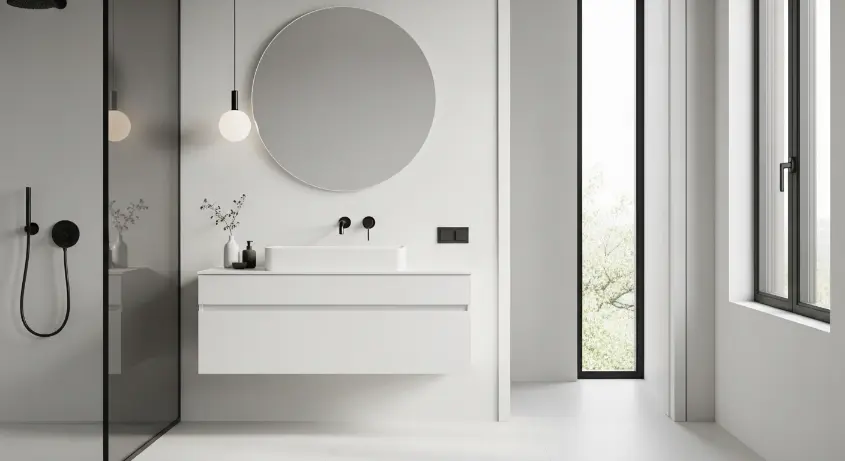 A minimalist bathroom with a white floating vanity, a black faucet, and a round mirror