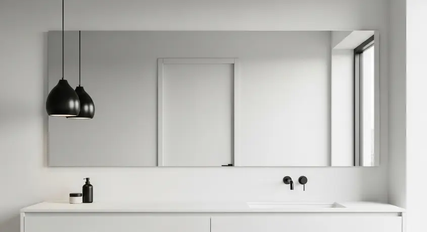 A minimalist bathroom with a large frameless mirror