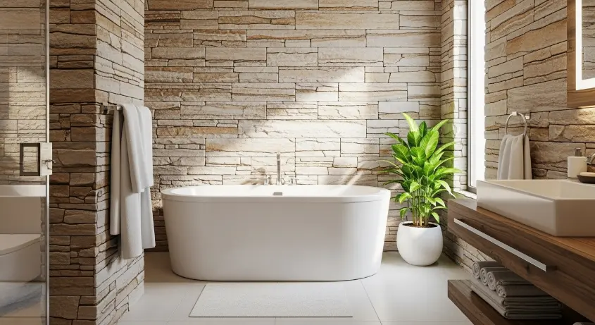 bathroom with textured stone walls