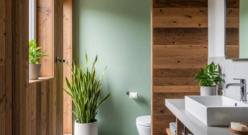 bathroom with textured reclaimed wood walls
