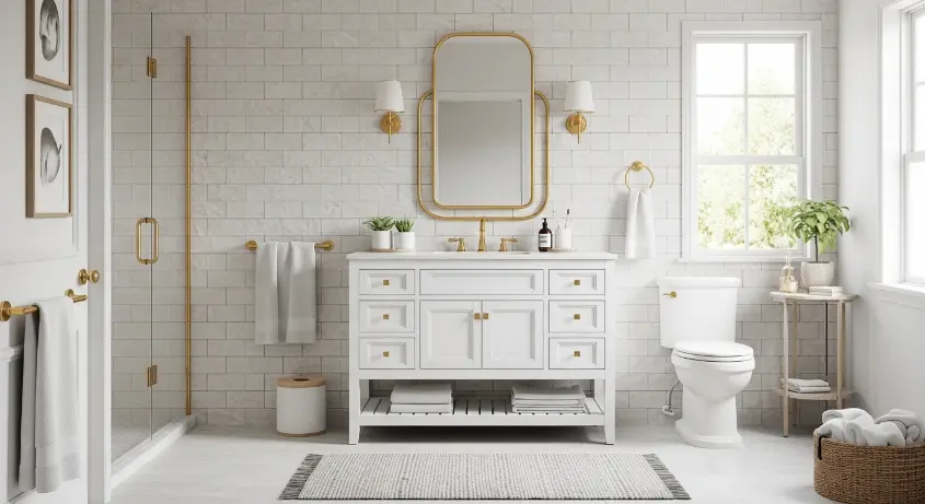 cohesive bathroom with textured subway tiles